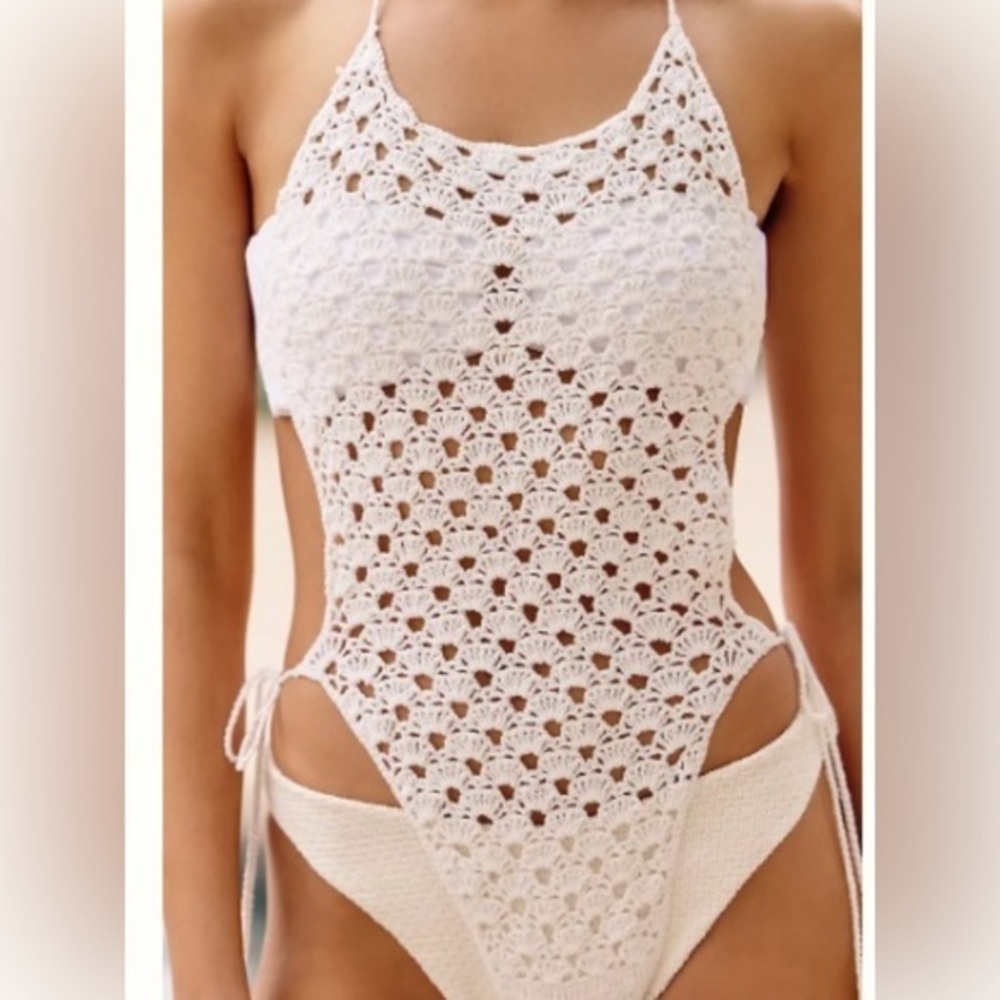 White Crochet Halter Swimsuit Cover-Up Size M
